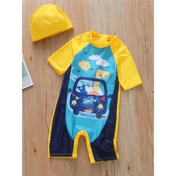 兒童游泳衣卡通男孩小寶寶學生柔軟速干短袖連體防曬沖浪溫泉泳裝