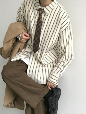 春秋季日系復古男女長袖襯衫寬松百搭條紋襯衣男ins學院風上衣潮鑫弘-錦衣華服