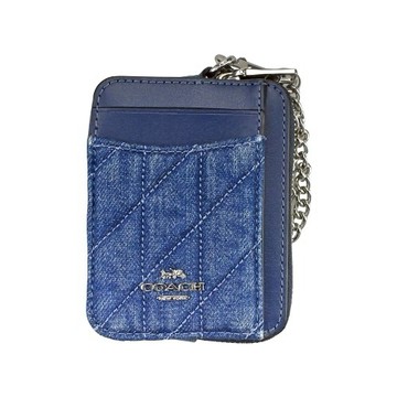 [平輸版] 【COACH】  丹寧藍衍縫拚接皮革鏈帶方型卡夾零錢包 真品平輸