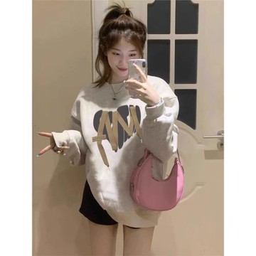 港風chic圓領衛衣女秋冬薄款寬松美式復古無帽加絨加厚上衣外套