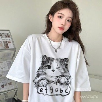 夏季新款 短袖T恤女 寬鬆上衣 重磅純棉 可愛卡通 圓領上衣 大尺碼遮肉 日常百搭 短T