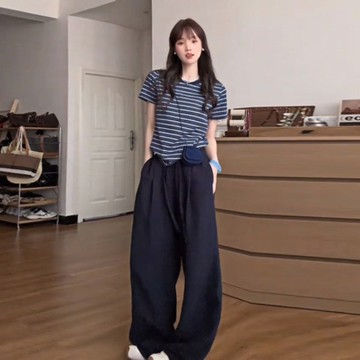 KX6873_夏季新款簡約通勤韓裡韓氣兩件套小個子條紋T卹闊腿褲套裝女