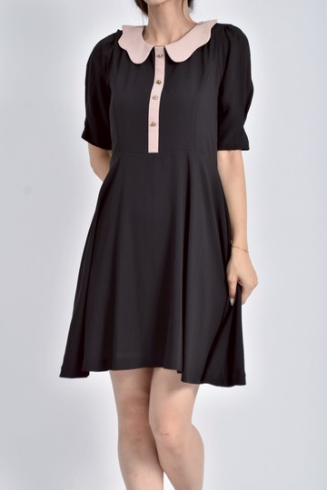 (S) nuee質感雪紡五分袖黑色洋裝