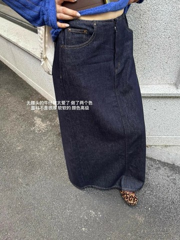 se u笑笑家2025年秋季設計款無腰頭水洗牛仔裙女顯瘦長裙