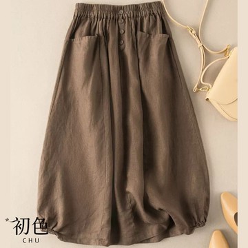 初色  棉麻風復古氣質高腰半身A字裙-共4色-67560(M-2XL可選現貨+預購)