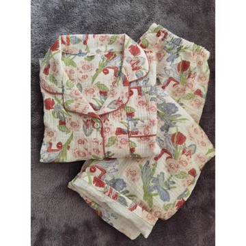 日系花卉翻領長袖田園風睡衣女寬松開衫家居服春夏秋薄款套裝青年