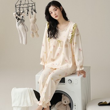 【藍尼居家】現+預 甜美可愛木耳邊帶胸墊家居服套裝(女睡衣/家居服/Bra Top/兩件式套裝)