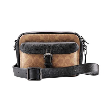 COACH棕色C Logo PVC拼接黑色荔枝紋皮革前釦袋中款斜背男包