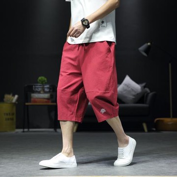 男士刺繡七分褲夏季薄款休閑短褲子潮牌寬松百搭直筒運動褲哈倫褲