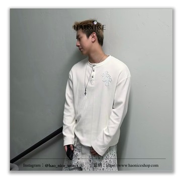 【HAO NICE】古典簡約️Chrome Hearts克羅心 貼皮十字架 銀扣 華夫格 亨利領 長袖 長T