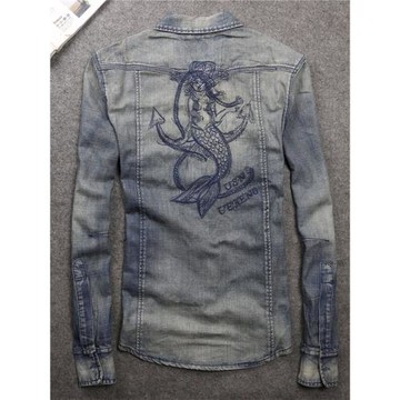 卡威酷2025潮男春裝新款 水洗刺繡牛仔襯衫 男士長袖襯衣外套上衣