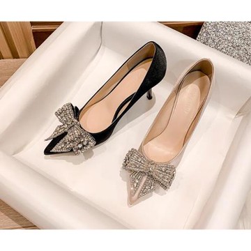 Sp house 婚宴閃鑽蝴蝶結尖頭細高跟鞋(2色可選)