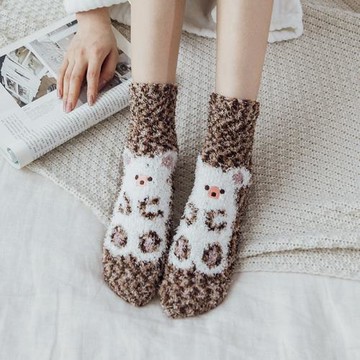 月子襪冬季卡通動物睡覺襪產后不掉毛地板襪大人加厚珊瑚絨毛毛襪