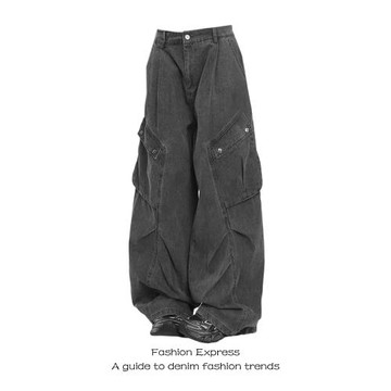美式高街復古褶皺大口袋工裝牛仔褲女秋冬爆款設計感寬松拖地褲子