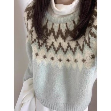 復古慵懶風費爾島軟糯毛衣女秋冬古著vintage上衣加厚針織打底衫