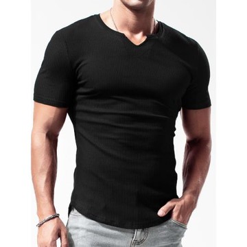 短袖t恤男 螺紋純棉 彈力修身打底衫 前短后長純色夏季男士體恤潮