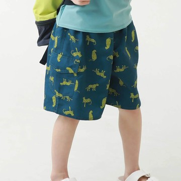 日本 devirock - 90%抗UV 鬆緊印花沙灘褲/泳褲(含內褲)-花豹-靛藍