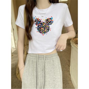 ins超火休閑時尚短袖圓領高腰露臍印花愛心米奇修身顯瘦正肩T恤女