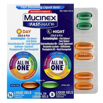 Mucinex, Fast-Max 日間和夜間著涼/流感緩解配方，特大強度，12 歲以上，24 粒液體凝膠