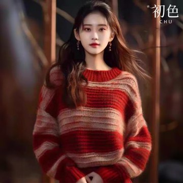 初色 復古慵懶寬鬆條紋撞色圓領長袖針織毛衣上衣女上衣-紅色-38016(F可選)