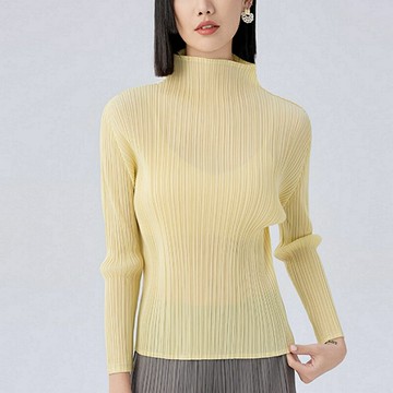 【米蘭精品】現貨+預購三宅風皺褶衣服褶皺上衣高級摺衣彈力長袖女裝顯瘦折衣大碼-半高領10色74mm74