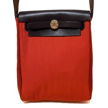 正品 HERMES 愛馬仕 Herbag TPM 肩背包 Toile Officier 皮革 橘色 中古