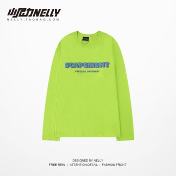秋熒光綠長袖T恤男女潮牌嘻哈寬松卡通笑臉印花情侶裝學生打底衫