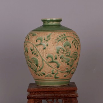 宋 吉州窯綠釉雕刻石榴瓶 仿宋代出土做舊古玩瓷器博古架裝飾品