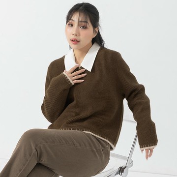 撞色滾邊多色V領針織上衣