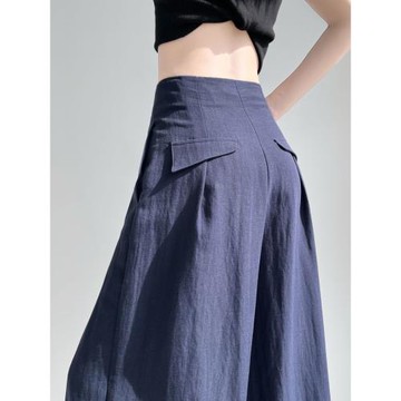 (免運)藏青色亞麻冰絲闊腿褲女夏薄款高腰垂感棉麻山本褲寬松顯瘦拖地褲