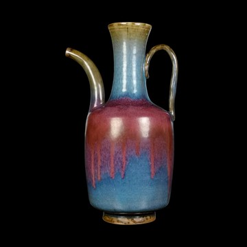 《博古珍藏》宋．鈞窯天藍釉紫紅斑執壺．早期收藏．老件茶具茶壺瓷器．博物館級文物．底價回饋