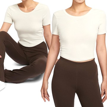 Nike AS W NSW NK CHLL KNT MRIB SS T 女 米色 羅紋 休閒 短袖 FN3665-104