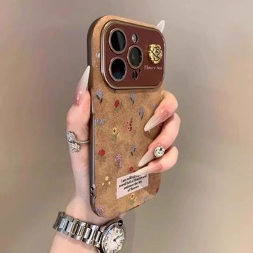 【翻毛皮】適用蘋果17promax手機殼立體山茶花iphone16pro新款彩繪15pm皮質14創意防摔全包17pro小眾男女