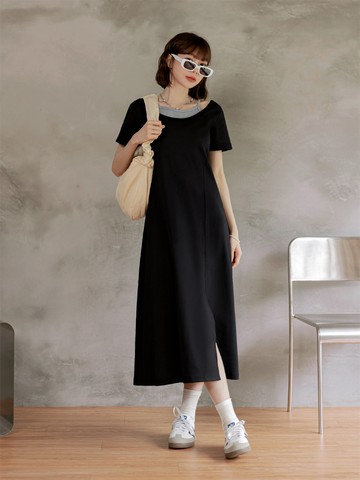 假兩件撞色細肩帶前開衩收腰長洋裝