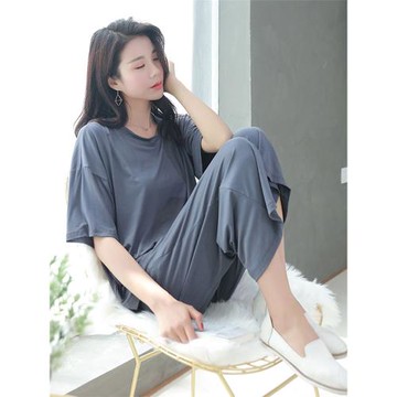 莫代爾睡衣女夏兩件套裝短袖薄款寬松大碼200斤可外穿媽媽家居服