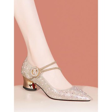 新款水鉆一字帶粗跟單鞋女高跟鞋子2026春夏時尚中跟婚鞋淺口女鞋