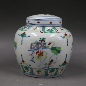 明成化青花斗彩鶴紋天子罐手繪仿古老貨瓷器家居擺件古董古玩收藏1入