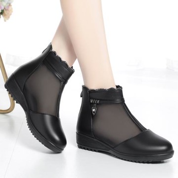 鞋子女真皮短靴平底2025春季新款薄款低跟網紗涼靴百搭中老年女鞋