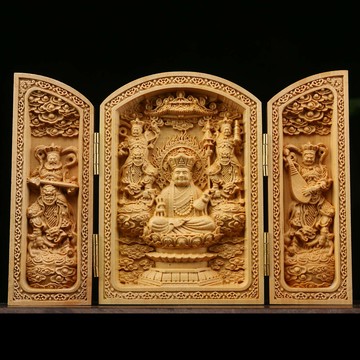 佛像 宗教擺件 家居擺件黃楊木雕扁三開盒隨身佛龕擺件眾佛自在觀音菩薩佛像家居客廳供奉