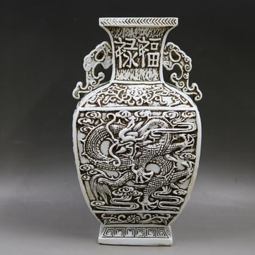 民國白瓷浮雕龍紋四方瓶家居復古家居博古架古玩擺件老貨古董收藏1入