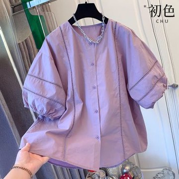 初色 法式氣質風寬鬆圓領短袖單排扣襯衫上衣女上衣-共3色-13700(M-2XL可選)