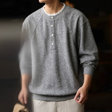 Wuluwear 【醋酸羊毛】美式復古花紗插肩袖假兩件圓領大學T男士秋季