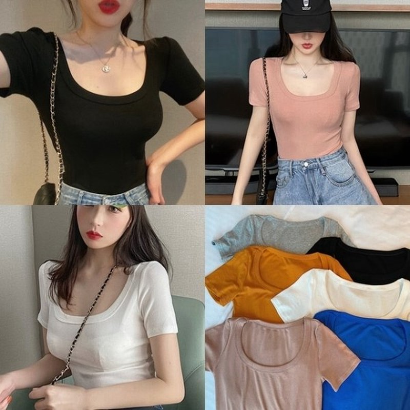 ストレッチ Tシャツ レディース タイト カットソー 半袖 トップス 韓国 ファッション 夏服 レディース ミニマム ボディコン Yk2 Uネック 無地 ベーシック 通販 Lineポイント最大0 5 Get Lineショッピング