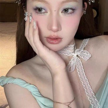 限時特賣🔥 疊戴層次設計感白色蕾絲飄帶項鏈女細窄長絲帶百搭鎖骨頸帶絲巾