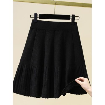 大碼女2025秋冬款高級感黑色針織半身裙胖mm顯瘦遮肚a字百褶短裙