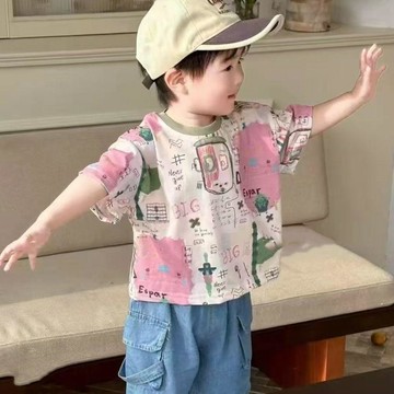 熱銷常態缺貨🙀 純棉兒童短袖T恤 男童2026夏季新品 韓版扎染滿印 圓領上衣 多巴胺穿搭 免運
