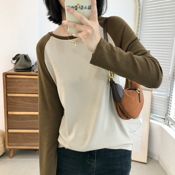 軟糯彈力顯瘦內搭T恤拼色插肩袖打底衫女最新款秋季新款長袖上衣