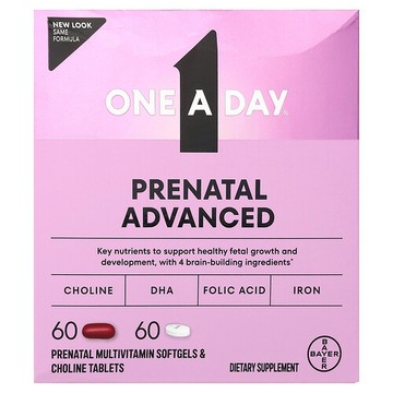 One-A-Day, Prenatal Advanced，完整多維生素與大腦支援，60 粒產前多維生素軟膠囊和 60 片產前膽鹼片