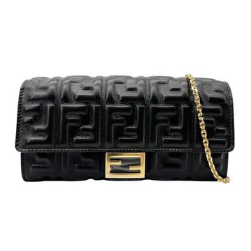 FENDI 品牌 FF logo皮革壓紋金鍊皮夾斜背包(8M0365-黑)