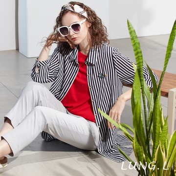 LUNG.L林佳樺 藍白條紋長版七分袖女裝襯衫式外罩LP31C